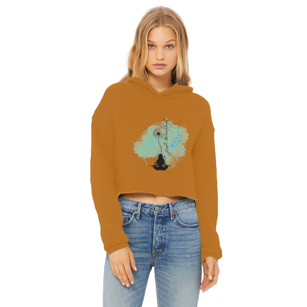 Just Breathe - Green Dandelion Ladies Cropped Raw Edge Hoodie