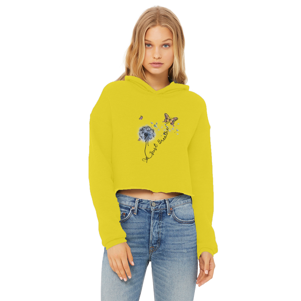 Just Breathe Butterfly Ladies Cropped Raw Edge Hoodie