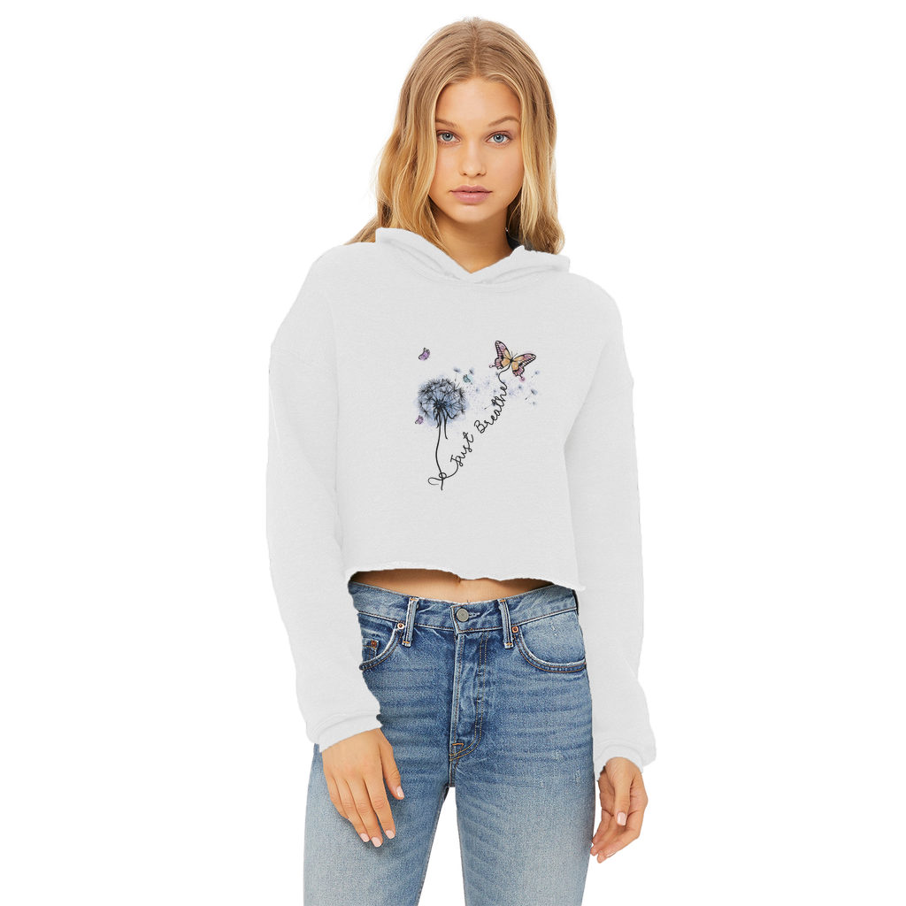 Just Breathe Butterfly Ladies Cropped Raw Edge Hoodie