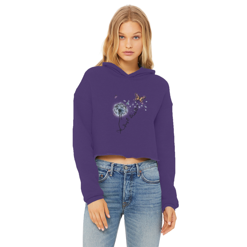 Just Breathe Butterfly Ladies Cropped Raw Edge Hoodie