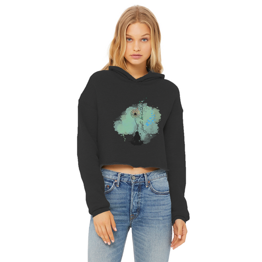 Just Breathe - Green Dandelion Ladies Cropped Raw Edge Hoodie