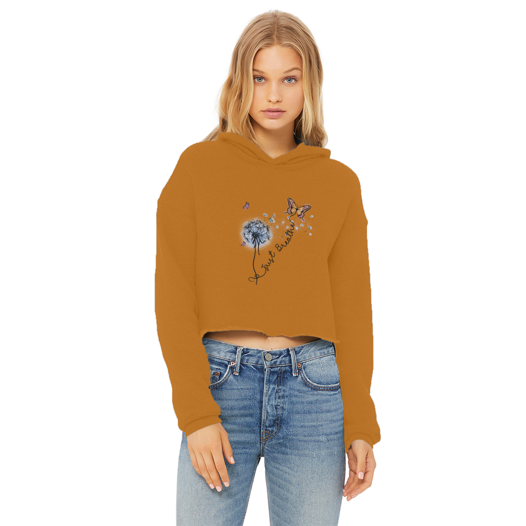 Just Breathe Butterfly Ladies Cropped Raw Edge Hoodie